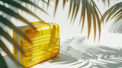 Top view of an yellow suitcase, and palm fronds on white background background