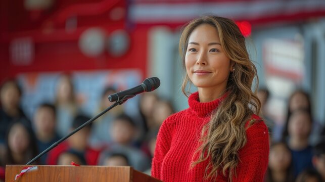 Young woman speaking at a school event with an audience. National Teacher Day in the USA