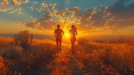 Two people running in a field at sunset. Global Running Day