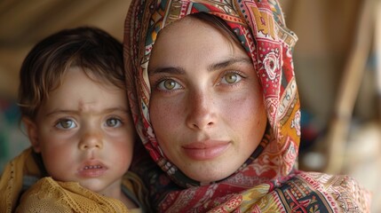 Mother and child with traditional headscarves. World Refugee Day - obrazy, fototapety, plakaty