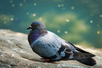 A pigeon, a beautiful bird, was on the cement floor. It was standing still. Photo of poultry, outside, background