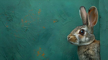 Frightened wary rabbit peeking around the corner against a green background, generative Ai - obrazy, fototapety, plakaty