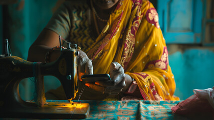 Indian rural woman using sewing machine while showing smartphone with empty screen : Generative AI