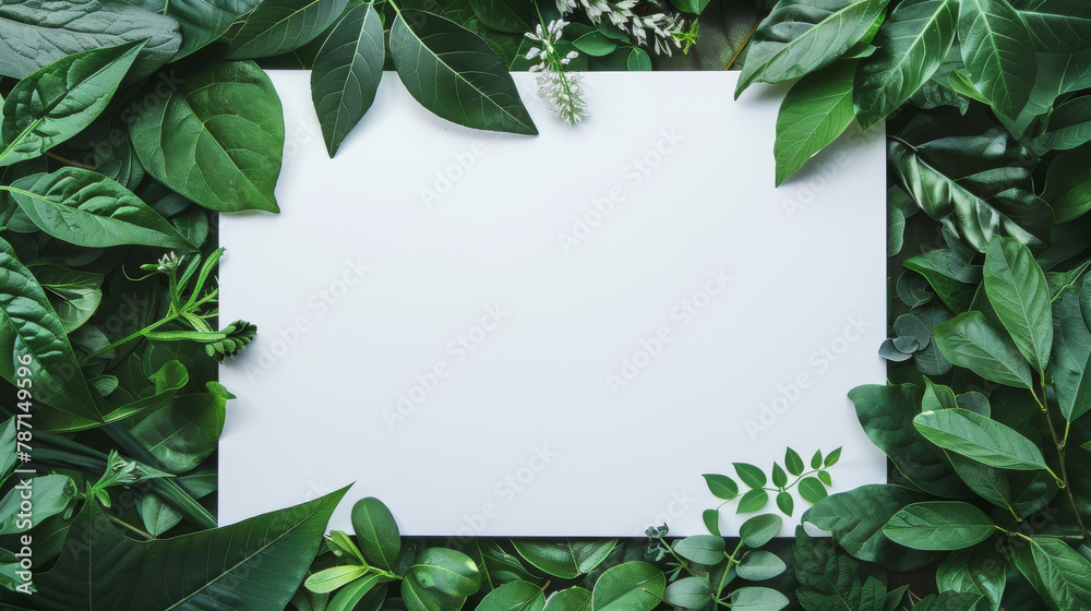 Wall mural top view of green leaves and white card with copy space