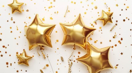Flat lay design with christmas decoration, white balls, 3d golden stars. Top view composition