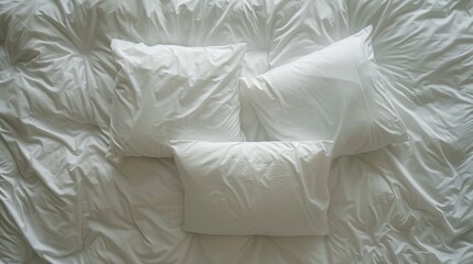 An overhead view of soft pillows on a comfortably made bed