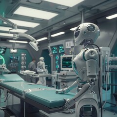 A robot is sitting on a hospital bed with a computer monitor in front of it