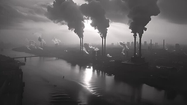 Monochrome image: factory smoke stacks emit industrial smoke, stark contrast against sky, symbolizing activity and pollution.