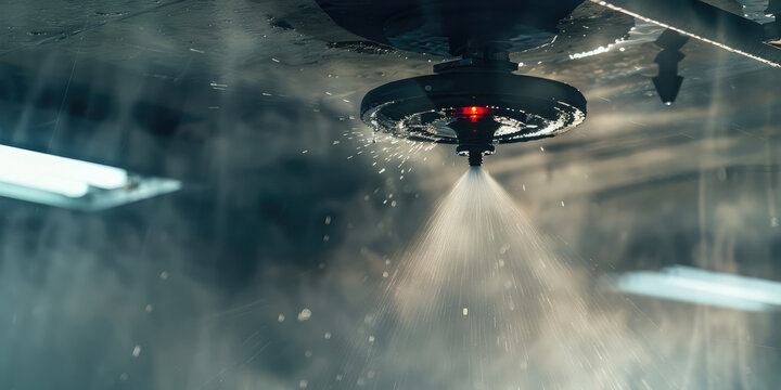 Indoor fire suppression system. Smoke detector and water sprayer in the ceiling, water leaks, room security.
