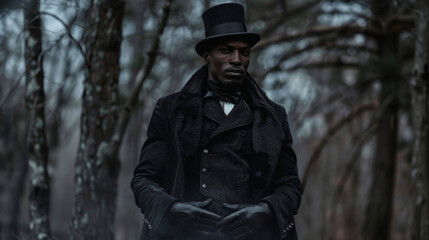 Naklejka premium Deep in the woods a stylish black man stands a towering trees dressed in a gothicinspired ensemble complete with a long coat leather gloves and a top hat. Against the dark natural .