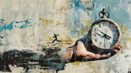 A hand with a running man and a clock. Collage art. - obrazy, fototapety, plakaty