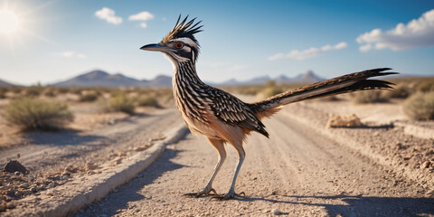 Roadrunner Stands on a Dirt Road. A roadrunner with a long, blue beak and brown-streaked feathers stands on a dirt road in a desert landscape.