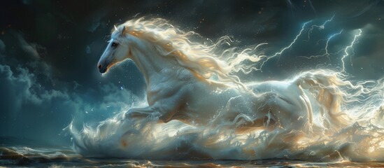A white horse gallops through a stormy sea at midnight, creating a dramatic scene worthy of a painting in the darkness of the night