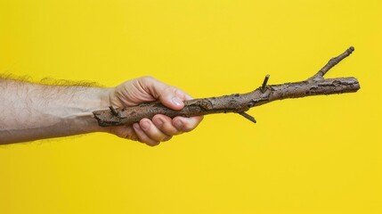 hang holding dried branch on yellow background