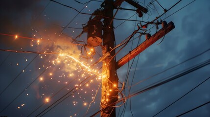 A power line is lit up with sparks and the sky is cloudy - obrazy, fototapety, plakaty