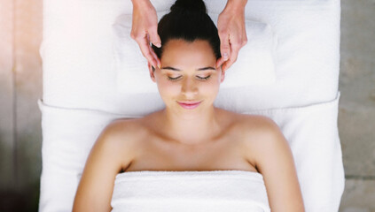 Spa, salon and woman relax for head massage, facial treatment and luxury pamper. Aesthetic,...