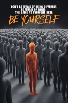 A thought-provoking and powerful illustration that features an imposing row of identical gray human figures, standing upright and symbolizing conformity and uniformity