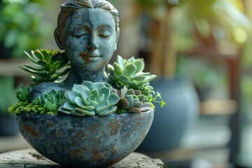 Statue with succulent plants, serene setting