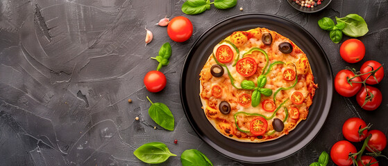 A mini pizza with tomatoes, basil and olives on a black plate