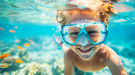Naklejka premium Smiling child snorkeling underwater with diving mask, sea exploration portrait.