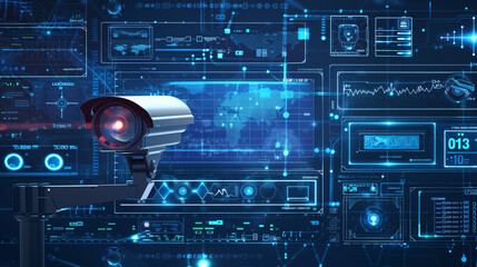 Wide banner of security CCTV cameras and guard monitor - obrazy, fototapety, plakaty