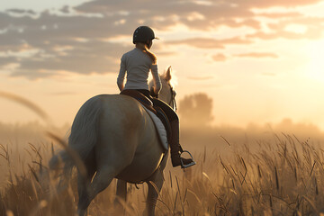 A young girl elegantly rides a horse in an equestrian sports setting, showcasing her riding skills and the bond between horse and rider in a serene outdoor environment. - obrazy, fototapety, plakaty