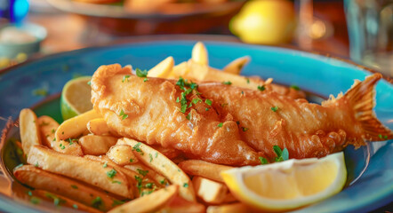A plate of fish and fries with a lemon wedge on the side