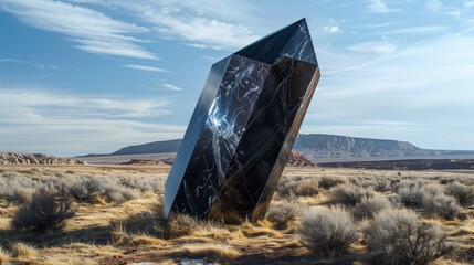 mysterious geometric black structure amidst the natural desert terrain