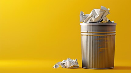Rubbish bin with crumpled paper on yellow background