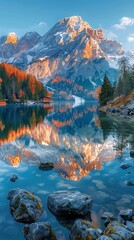 sunrise illuminating peaks and casting colorful reflections on a peaceful mountain lake