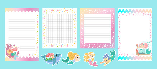 Funny mermaids weekly planner and note pages vector set