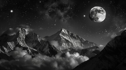 high altitude mountains contrasting with the radiant glow of the night moon