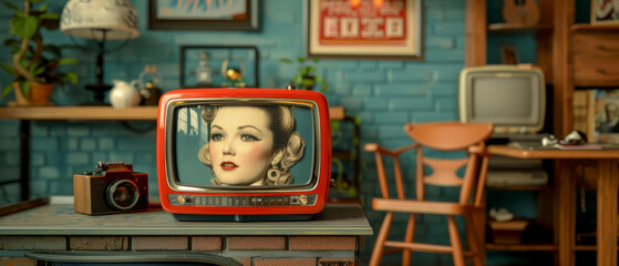 Retro television with woman's face on table, rustic and vintage elements