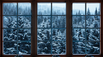 Window view of forest in the winter