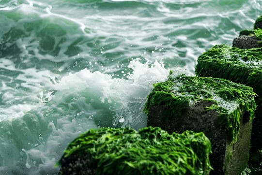 AI-generated illustration of foamy green algae covering rocks