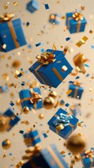 floating blue gift boxes with golden ribbons against a cheerful yellow background