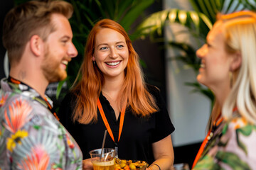 A cheerful woman smiling and socializing at a networking event with colleagues in a corporate setting.