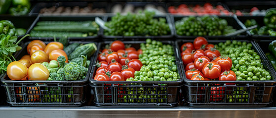 A variety of vegetables and fruits are displayed in baskets, including tomatoes