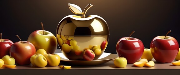 Golden apple and real apple fruit on the table in kitchen