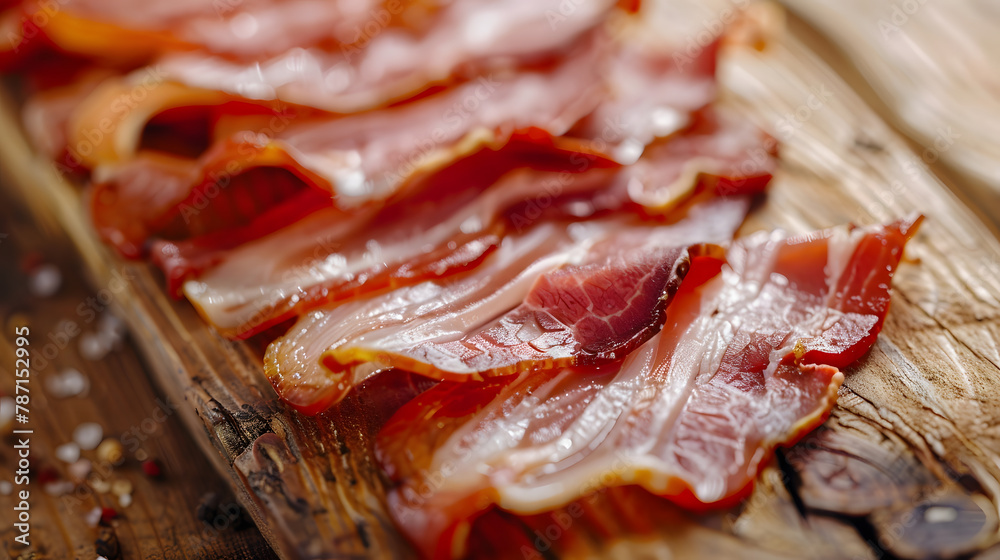 Poster bacon slices fresh meat product pork eating cooking appetizer meal food snack on the table copy spac