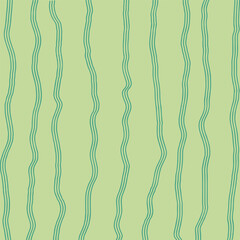 Decorative square pattern with hand drawn stripe shapes. Hand painted grungy ink doodles in green colors. Wavy curly lines print
