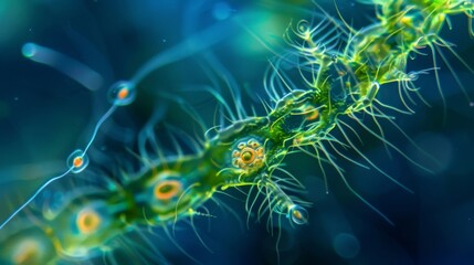 A microscopic view of a delicate phytoplankton colony its branching structure reminiscent of a miniature tree with small flagella