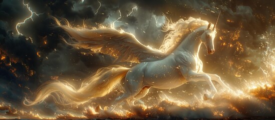 A white mare with wings gracefully gallops through a fiery natural landscape, its mane flowing like a cloud in the sky