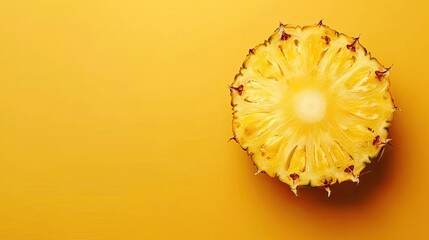 Top view on a cut in half of pineapple on the yellow background.