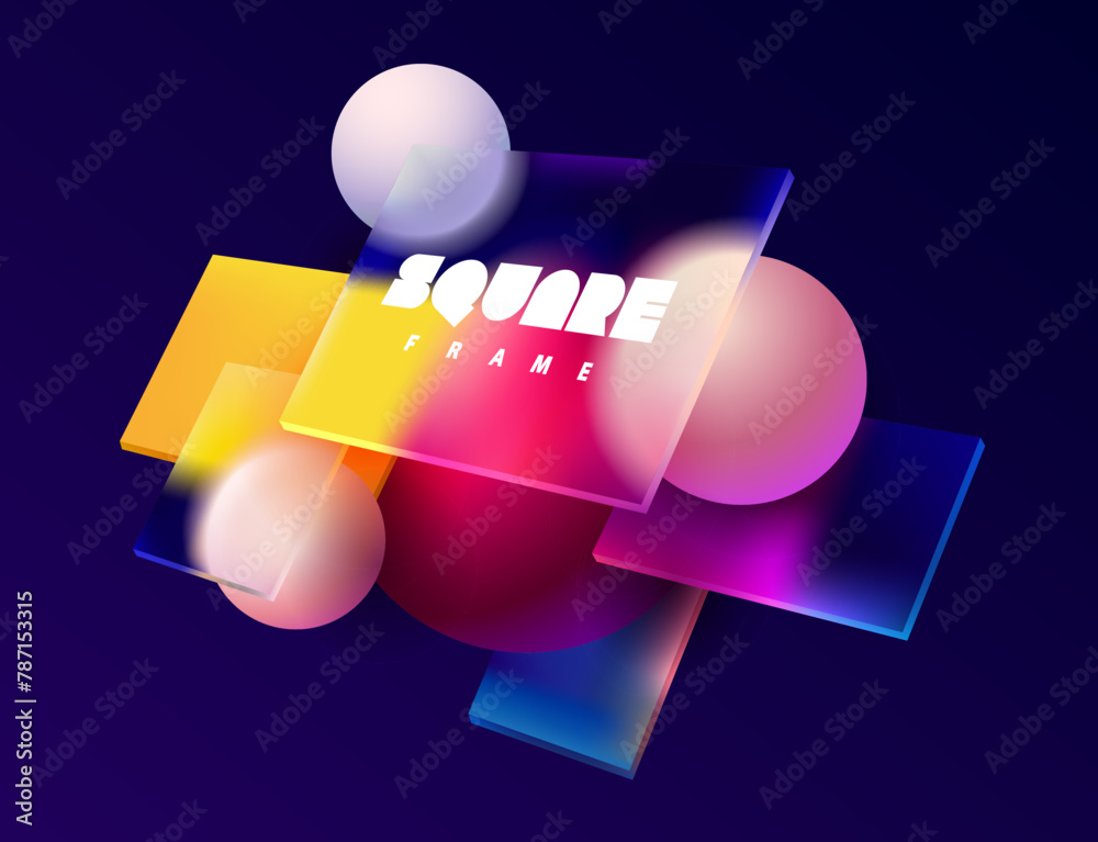 Fototapete 3D colorful squares and balls in glass morphism style. Transparent frame for text with geometric shapes.