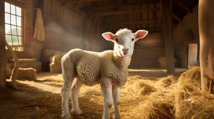 fluffy sheep in a charming farm barn, highlighting the idyllic countryside scene