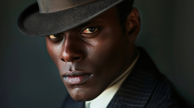 A powerful black man exudes charisma and charm his perfectlytailored suit and fedora reminiscent of the suave and stylish leading men of the golden age. With a smoldering gaze he embodies .