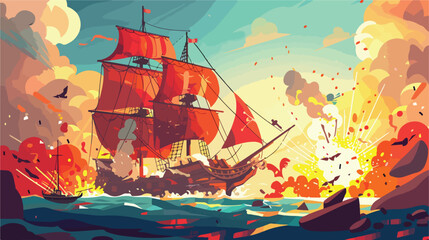 Pirate ship during battle in sea or ocean. Cartoon Vector - obrazy, fototapety, plakaty