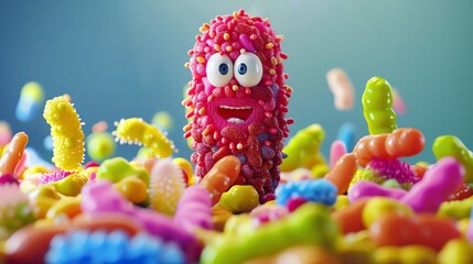 A memorable vibrant colors mascot representing beneficial bacteria for probiotic products - obrazy, fototapety, plakaty