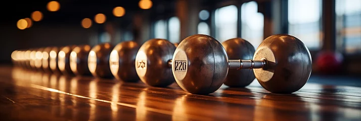 Fotobehang A row of colourful cast iron dumbbells of various sizes and weights sit neatly arranged on a wooden floor. © Digital Dreamscape